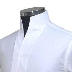 Shirt Collar With Stand, No Collar Shirt Men, White Shirt Design Men, No Collar Shirt, White Shirt Design, Men White Shirt, Wedding Dress Shirt, Karl Lagerfeld Fashion, High Collar Dress