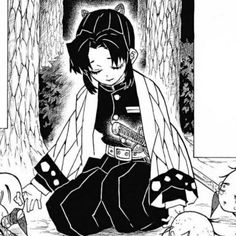 an anime character sitting on the ground next to a dog