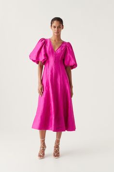 Dusk Puff Sleeve Midi Dress | Deep Magenta | Aje – Aje ROW Flared Midi Skirt, Deep Magenta, Puff Sleeve Midi Dress, Midi Flare Skirt, Belted Midi Dress, White Maxi Dresses, Mini Dress With Sleeves, Womens Midi Dresses, Fitted Bodice