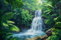 a painting of a waterfall in the jungle