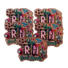 three stickers with the words rnn on them in pink, blue and green