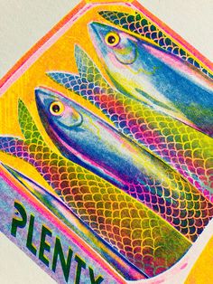 an advertisement for plenty fish is shown in this image, with three fish on it