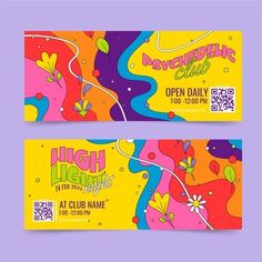 two colorful ticket cards with the words high heights club on them and an image of flowers