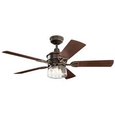 a ceiling fan with a glass jar light on it's blade and two brown blades