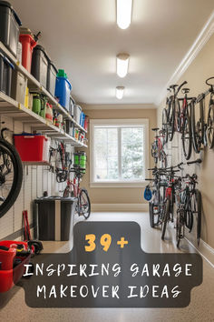 a garage filled with lots of bikes and storage