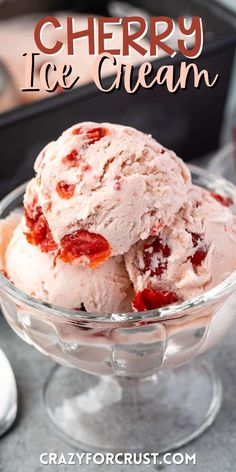 two scoops of cherry ice cream in a glass bowl with the title overlay