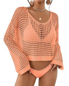 PRICES MAY VARY. One size crochet coverups for bathing suits fit US size XS, S, M, L Bust: 44.1" Length: 20.5" Sleeve Length: 18.9" The crochet crop top is made of breathable and lightweight knit fabric, soft to the touch, and allowing you to feel comfortable and cozy all day long. With its loose U-neckline, long sleeves, and chic chest pocket design, this beach cover up top is perfect for a laid-back yet stylish beach look. Features a relaxed fit and a hollow-out design, this crochet swim cover Crochet Coverups, Spring Crochet Beach Cover-up, Beach Long Sleeve Crochet Cover-up, Spring Crochet Top Beach Cover-up, Open Knit Crochet Top Beach Cover-up, Fitted Crochet Top For Beach Cover-up, Crochet Bathing Suit Cover, Crochet Bathing Suits, Body Types Women