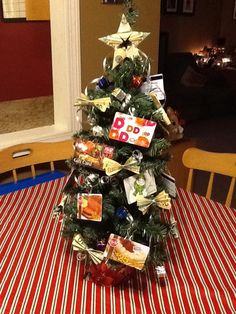 a small christmas tree is sitting on top of a table