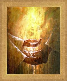 two hands reaching out to each other with water dripping from them in front of a golden background