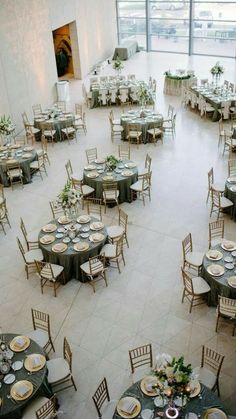 an overhead view of a banquet hall with tables and chairs set up for formal function