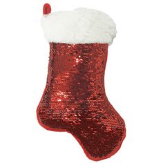 a red christmas stocking with white fur on the bottom and sequins around it