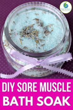 homemade diy sore muscle bath soak in a jar with lavender ribbon on top