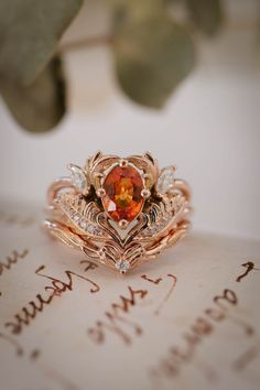 Elf Ring, Gold Leaf Rings, Nature Inspired Engagement Ring, Cute Engagement Rings, Future Engagement Rings, Nature Ring, Orange Colour, Dream Engagement Rings, Orange Sapphire