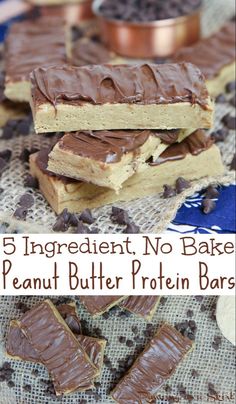 peanut butter protein bars are stacked on top of each other