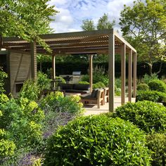 an outdoor living area surrounded by trees and bushes