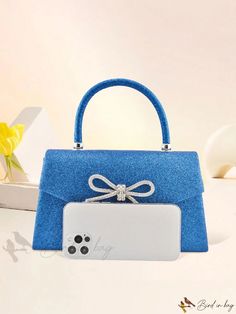 Bird in Bag - Blue Glitter Bowknot Decorated Purse with Top Handle Evening Bag Clutch Bag for Wedding Party Shoulder Bag Elegant Glitter Shoulder Bag For Party, Rectangular Party Bags With Bow, Glamorous Blue Evening Bag For Gift, Glamorous Blue Evening Bag For Party, Elegant Bags With Bow For Party, Elegant Party Bag With Bow, Elegant Party Bags With Bow Detail, Blue Glamorous Bags For Events, Chic Blue Shoulder Bag For Party