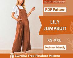 Lily Jumpsuit Sewing Pattern 💥 Get more than 335 patterns with our Whole Shop Bundle 👉  www.etsy.com/listing/1315834001 This pattern comes with an illustrated sewing guide with step by step instructions, making it super easy to make your own garment.  If you're looking for a beginner friendly project that will take 2 hours to make then this is perfect for you!  What you'll receive: ✔️ Sizes included:  XS-XXL ✔️ Seam allowance is included in all sizes 1/2 inches (1,3cm). ✔️ Pattern is available Jumper Sewing Patterns For Women, Loose Overalls Pattern, Overalls Pattern Sewing, Sewing Project Patterns, Jumpsuit Pattern Free, Dungarees Sewing Pattern, Trouser Sewing Pattern, Free Pinafore Pattern, Sewing Patterns Women