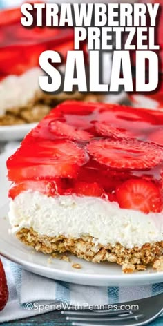 strawberry pretzel salad on a plate with strawberries