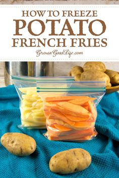 how to freeze potato french fries with potatoes in the background and text overlay reading how to freeze potato french fries