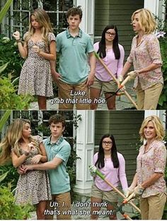 two girls and one boy are standing in front of a house with shovels on their heads