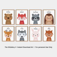 the six woodland animals are featured in this printable poster, which is also available for personal use