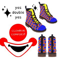 Get serious about your clowning boots and wear something comfortable! These quality-made combat style boots will last you many seasons of happiness :0)  * Style need not be gendered--check out size chart in EU sizes and for the utmost best fit and please don't guess your size! I want you to be thrilled with the fit and feel of your new happy stompers! Be extra #Clowncore #Maximalist let's gooooooooooooooooooo YESDOUBLEYES alt clown punk fashions for Pride fest, rave, Burning Man, music festivals, roller derby, funky drag groovy party wear Specially made-to-order and worth the wait! Original artwork by yesdoubleyes * The Upper Made of PU, the sole made of rubber. * Soft PU vegan leather is so comfortable! * Rear pull-loop make the boots easy to put on. * Season: Autumn, Spring, Winter * Occ Clowncore Accessories, Colorful Clown Outfit, Clown Boots, Clowncore Cardigan, Clown Costume Women, Clown Shoes, Fairy Festival, Faux Leather Boots, Clown Costume