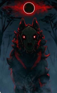 a creepy looking animal with red eyes standing in the dark forest under a full moon