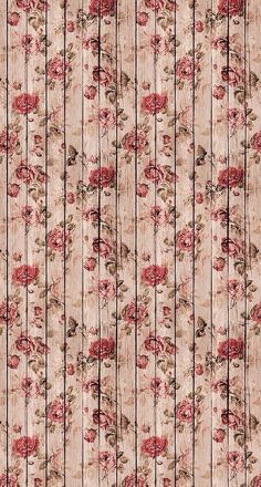 an old fashioned wallpaper with red flowers on the side and stripes in the middle