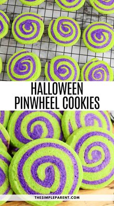 halloween pinwheel cookies with purple and green frosting on a cooling rack next to them