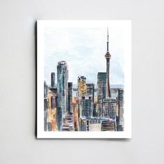 a watercolor painting of a cityscape with the cn tower in the background