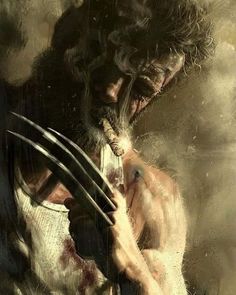 a painting of wolverine holding his claws up to his face and looking at the camera