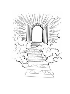 a drawing of a stairway leading to an open door in the sky with clouds surrounding it