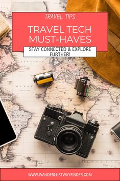 travel tech must haves to stay connected and explore the world on this map with text overlay that reads travel tips travel tech must haves