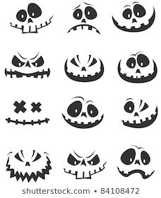 halloween jack o lantern faces with big eyes and mouth, all in black on white