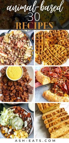 several different types of waffles and other food items with the words animal - based recipes