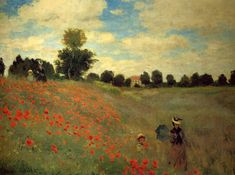 a painting of two people in a field with red flowers and one person holding an umbrella