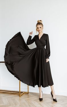 Fabric: faux silk Viscose 35%, Polyester 35%, Cotton 20% Nylon 10% V-neck Long sleeve Puffed sleeve Accordion pleat Maxi length Long Sleeve Black Maxi Dress, Blue Emerald, Black Silk Dress, Puff Sleeve Dresses, Pleated Maxi, Silk Maxi Dress, Sleeve Maxi Dress, Long Sleeve Maxi, Outfit Goals