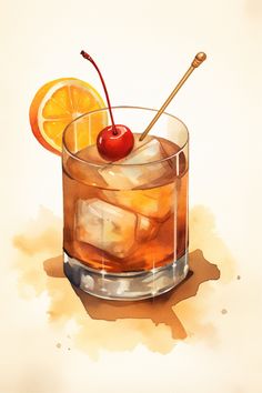 a painting of an old fashioned cocktail with orange slices and cherries