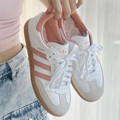 Adidas Sambas Pink, Light Pink Sambas, Trendy Pink Adidas Sneakers, Adidas Sambarose Pink, Samba Pink Laces, Pink Flats, Preppy Shoes, Shoes Teen, Volleyball Shoes