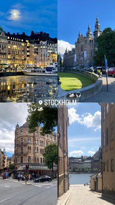 three different views of buildings and water in the same photo, one is taken from another side