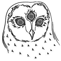 an owl with big eyes and rain drops on its face, drawn in black ink