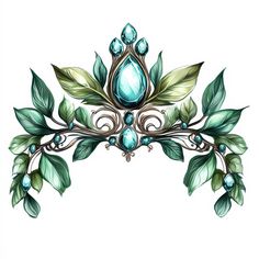 an ornate design with green leaves and blue stones on white background stock photo - premium, code