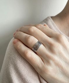 "925 Sterling Silver Filigree Art Band Ring, Super Light Handcrafted Wavy Band Ring Perfect Gift Option for Her Band width is 0.30\" / 7.6 mm This metal embroidery filigree ring is oxidized and highly polished. Comes with velvet pouch and luxurious gift box. The sterling silver is hypoallergenic, nickel, and lead free so it is safe for sensitive skin. Filigree is a unique piece that incorporates handcrafted twisted threads of precious metal into its design. The metal is then soldered to the Silver jewelry and can take the shape of lacy flourishes, beautiful scroll work, symmetrical Art Deco style designs, among other astonishing motifs. It's good to point out that Filigree can also be used to describe any pattern in jewelry that can be seen as delicate and sophisticated. Thank you so much Metal Embroidery, Filigree Jewelry, Eu Countries, Silver Wedding Bands, Handmade Jewelry Gift, Sterling Silver Filigree, Wide Band Rings, Filigree Ring, Hand Crafted Gifts