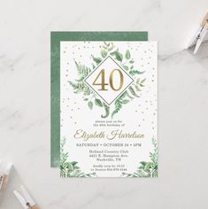 an elegant 90th birthday party card with greenery and gold foil on the front