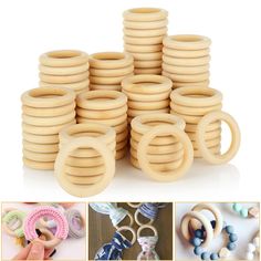 several different types of wooden rings and bracelets are shown in this collage photo