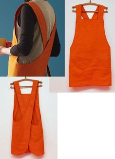 three pictures of an orange apron being hung on a rack and another photo of someone holding a cup in their hand