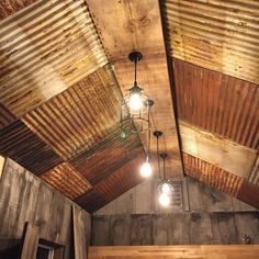 a room with some lights hanging from the ceiling and wood paneling on the walls