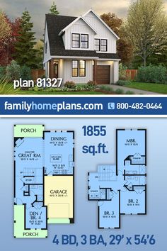 two story house plan with 3 beds and 2 baths