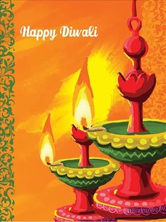 an artistic diwali card with three lit candles