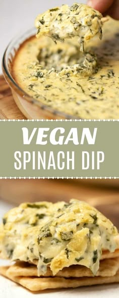 spinach dip in a glass dish with tortilla chips on the side and text overlay that reads vegan spinach dip